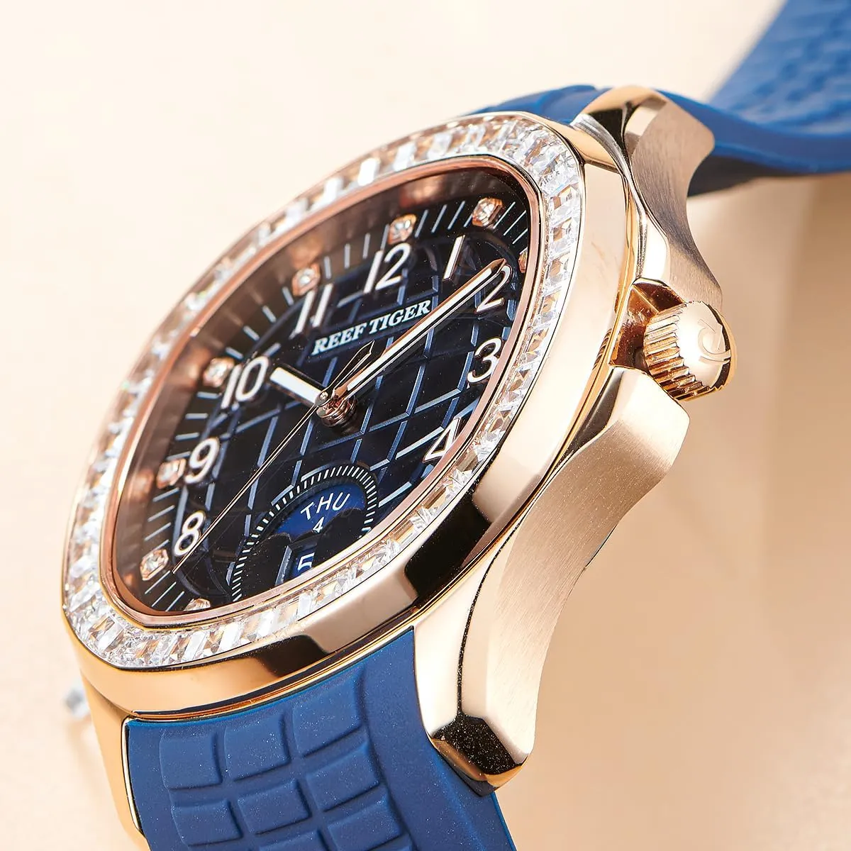 Rubber Band Sport Watches RGA1805 REEF TIGER Luxury Rose Gold Diamonds Square Blue Dial Automatic Watch for disagreement prototype Men Multi-Functional Luminous 