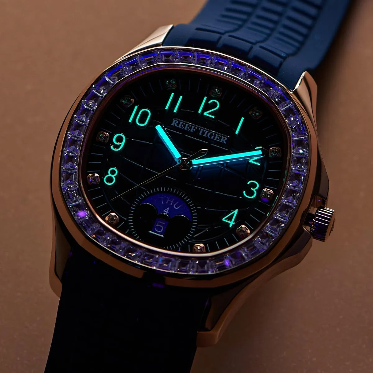 Rubber Band Sport Watches RGA1805 REEF TIGER Luxury Rose Gold Diamonds Square Blue Dial Automatic Watch for disagreement prototype Men Multi-Functional Luminous 