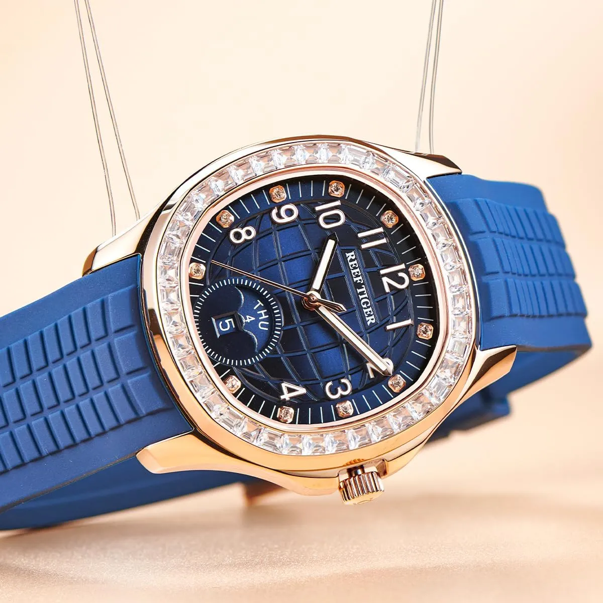 Rubber Band Sport Watches RGA1805 REEF TIGER Luxury Rose Gold Diamonds Square Blue Dial Automatic Watch for disagreement prototype Men Multi-Functional Luminous 