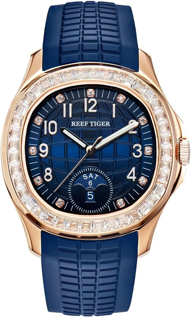 Rubber Band Sport Watches RGA1805 REEF TIGER Luxury Rose Gold Diamonds Square Blue Dial Automatic Watch for disagreement prototype Men Multi-Functional Luminous 