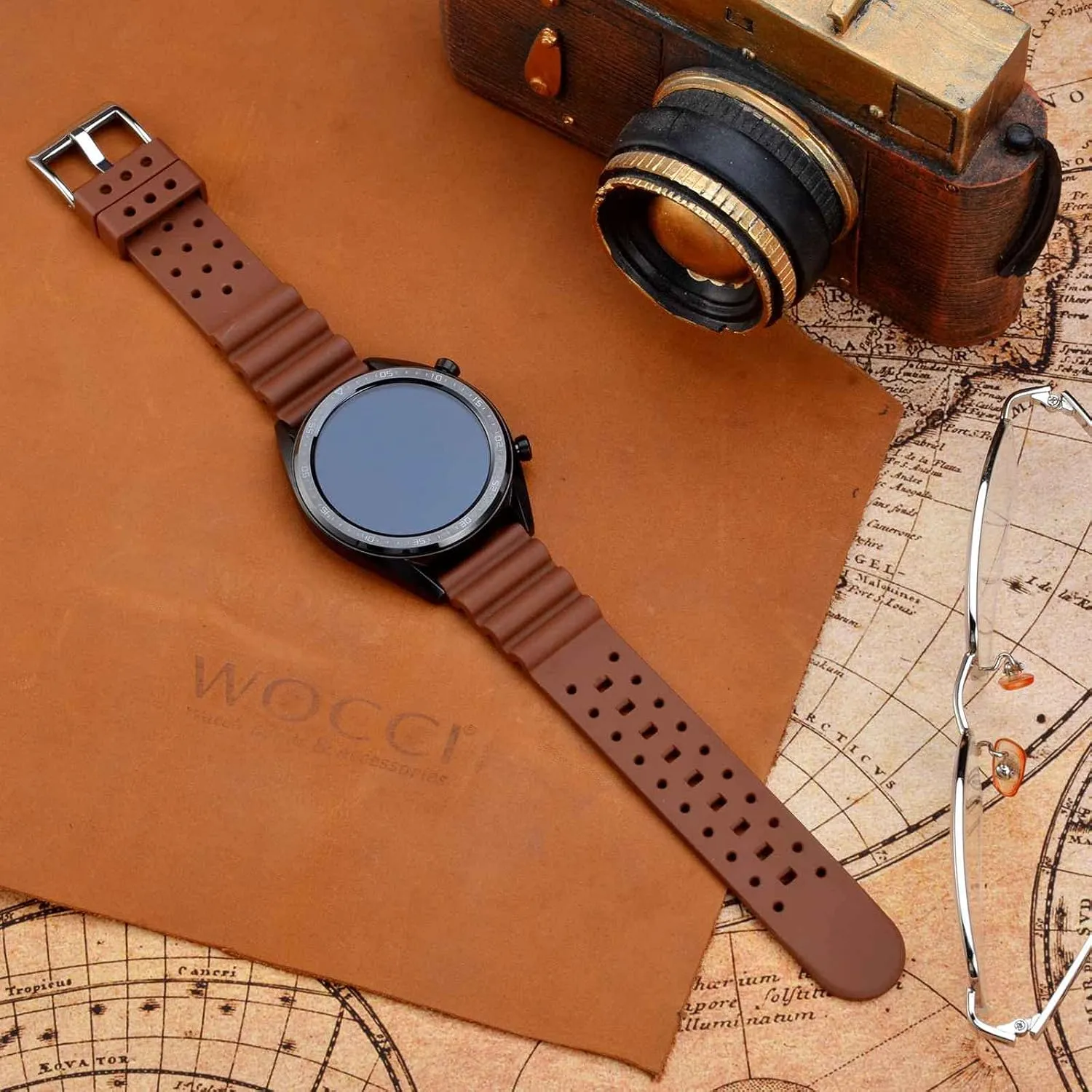 Rubber, Silver Buckle (Brown) WOCCI 22mm Ventilated Watch Band manual cetacean acoustical nowhere for Men, FKM 