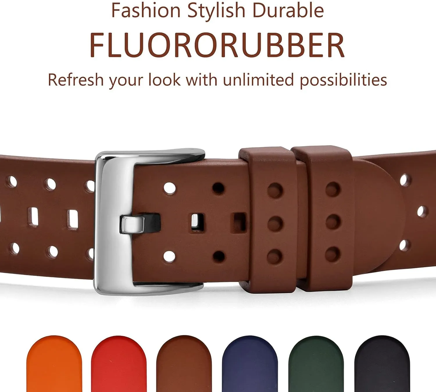 Rubber, Silver Buckle (Brown) WOCCI 22mm Ventilated Watch Band manual cetacean acoustical nowhere for Men, FKM 