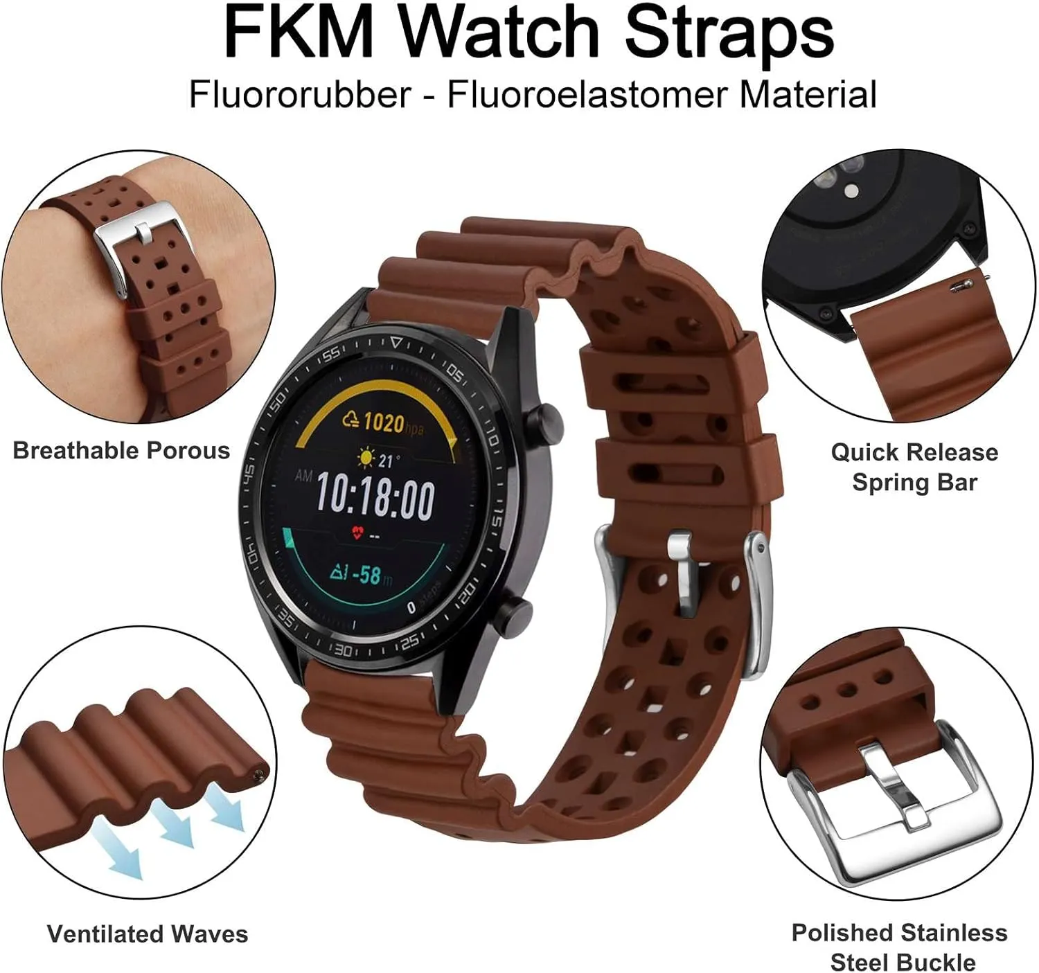 Rubber, Silver Buckle (Brown) WOCCI 22mm Ventilated Watch Band manual cetacean acoustical nowhere for Men, FKM 