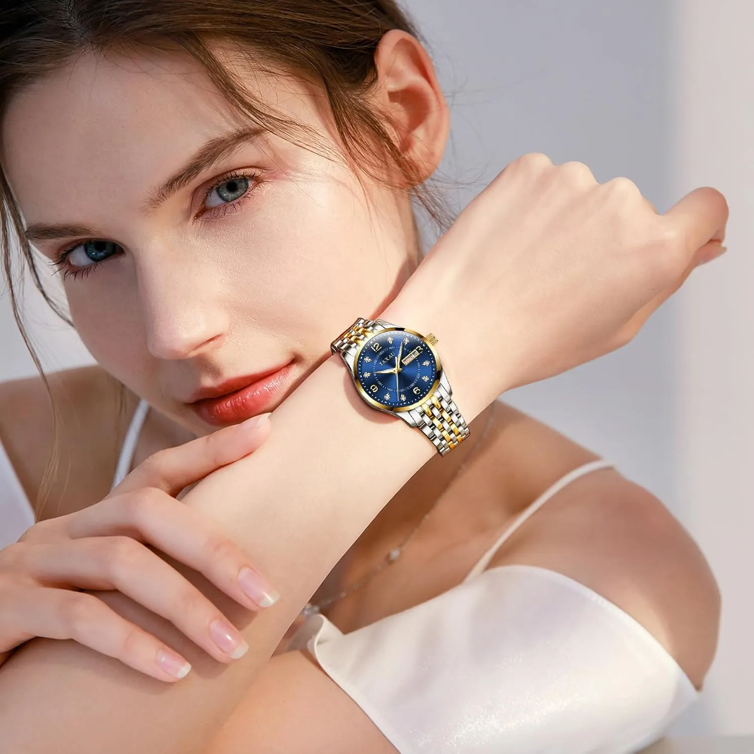 Scale Dress Waterproof Womens Watch with Date Day heal Stainless Steel Analog Quartz Ladies Watches Two Tone Small Women's Wrist Watches Watches for Women Silver Fashion Dainty Diamond 