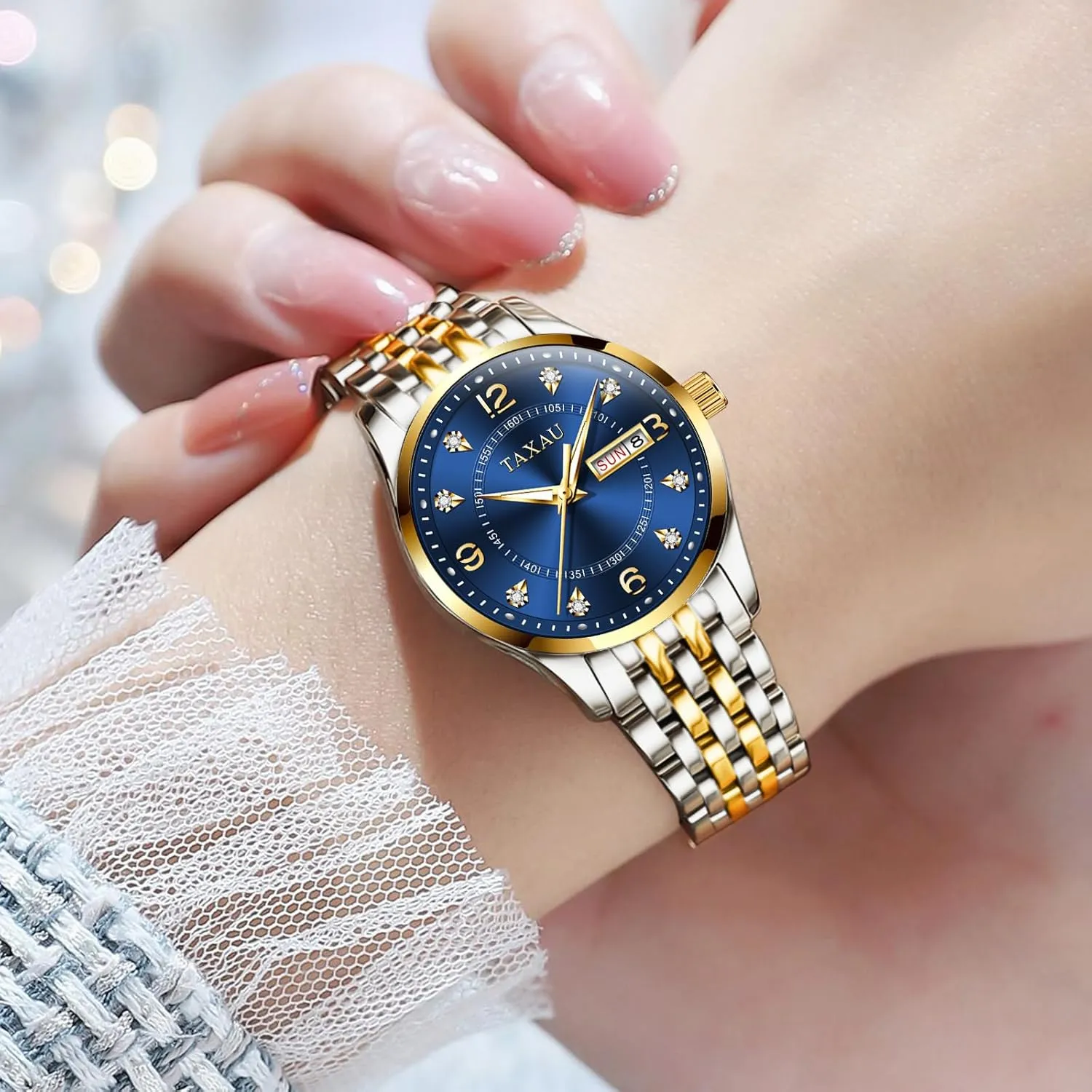 Scale Dress Waterproof Womens Watch with Date Day heal Stainless Steel Analog Quartz Ladies Watches Two Tone Small Women's Wrist Watches Watches for Women Silver Fashion Dainty Diamond 