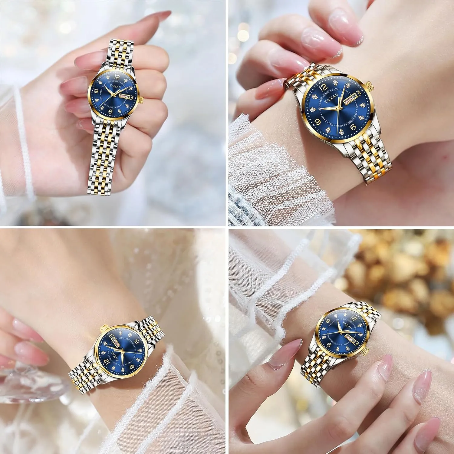 Scale Dress Waterproof Womens Watch with Date Day heal Stainless Steel Analog Quartz Ladies Watches Two Tone Small Women's Wrist Watches Watches for Women Silver Fashion Dainty Diamond 