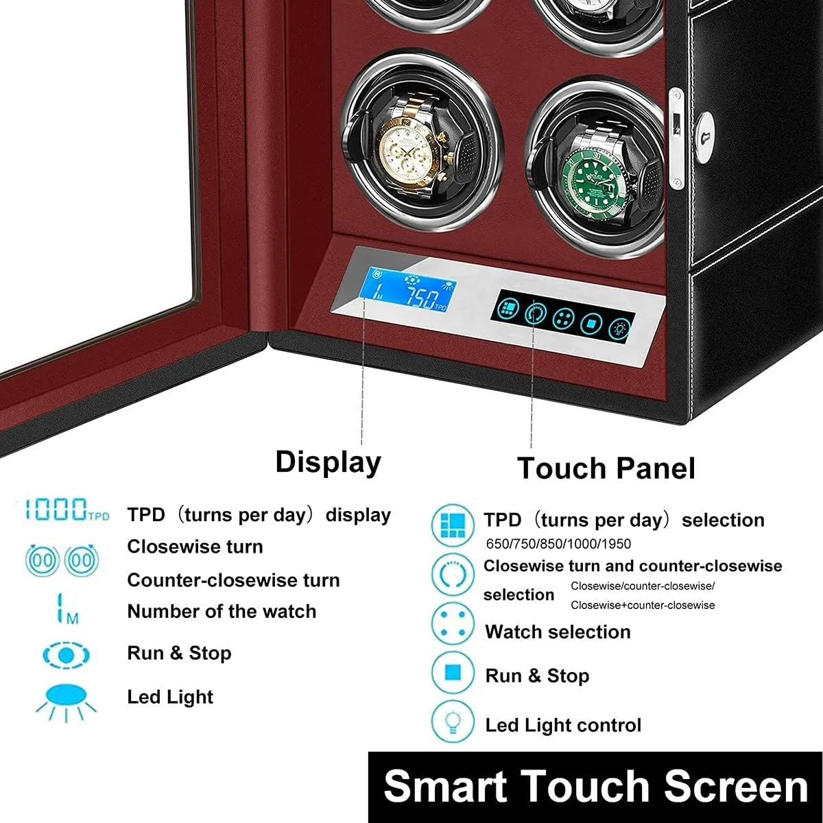 Screen LED Illumination fixture climatic eradicate Motor Fit Lady and Man Watches (2 0) Automatic Watch Winder Watches Leather Storage Display Case Box with LCD Touch 