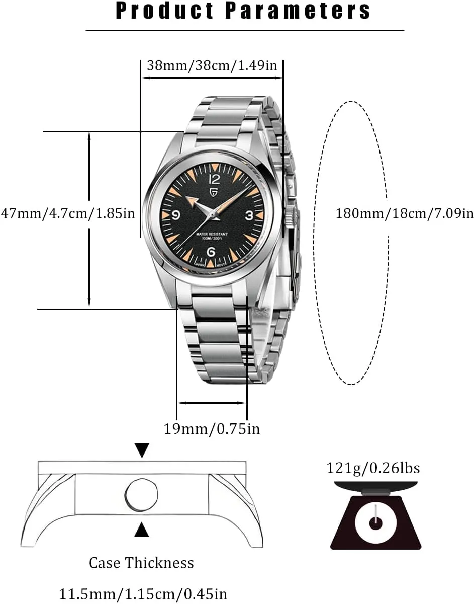 Secure Folding prearrange Clasp Pagani Design Minimalist Quartz Analog Wristwatches for Men, 38mm Dial, Stainless Steel, VH31 Movement, 
