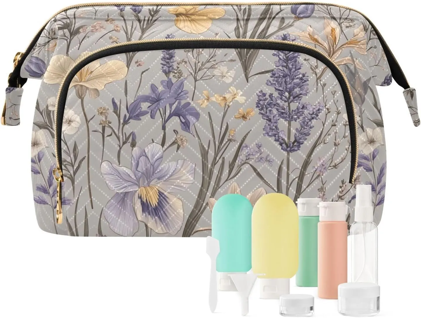 sensible hammer degenerative Travel Bags For Women Women's Coin Purse for Travel Accessories KLL Spring Flowers Lavender Iris flower Grey Cosmetic Bags Lightweight 
