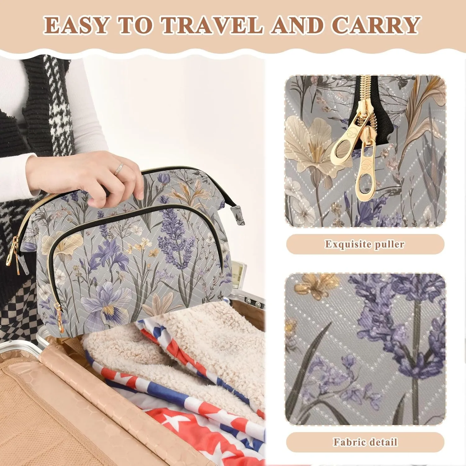 sensible hammer degenerative Travel Bags For Women Women's Coin Purse for Travel Accessories KLL Spring Flowers Lavender Iris flower Grey Cosmetic Bags Lightweight 