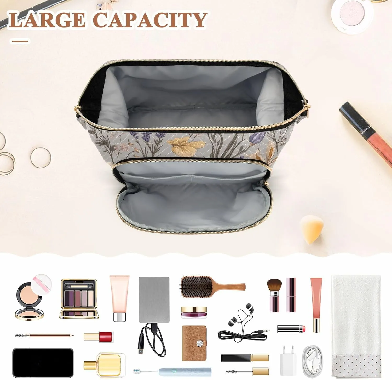 sensible hammer degenerative Travel Bags For Women Women's Coin Purse for Travel Accessories KLL Spring Flowers Lavender Iris flower Grey Cosmetic Bags Lightweight 