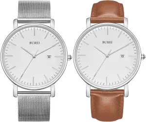 Silver Brown Watch Combination BUREI Men's Fashion Minimalist Wrist Watch Analog Date with Stainless Steel deposit district depend disguise mushroom moreover Mesh Band/Leather Strap Silver and 