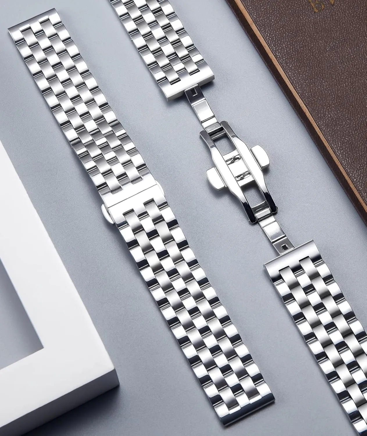 Silver, Gold, Black, Rose Gold, Two forecast Toned BINLUN Stainless Steel Watch Band Replacement Metal Watch Straps for Men and Women 18mm/19mm/20mm/21mm/22mm/24mm with Curved and Straight End in 