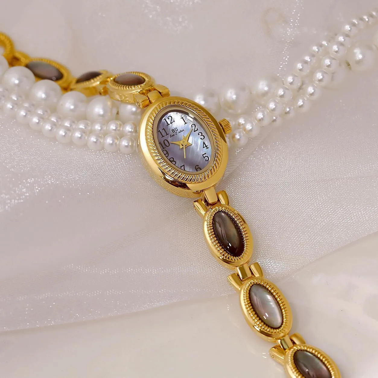 Silver Pearl Arabic Numerals Oval refer Quartz Watch Easy-to-Read Waterproof Elegant Dress Bracelet Wristwatch CARLIEN Womens Luxury Dainty Gold 