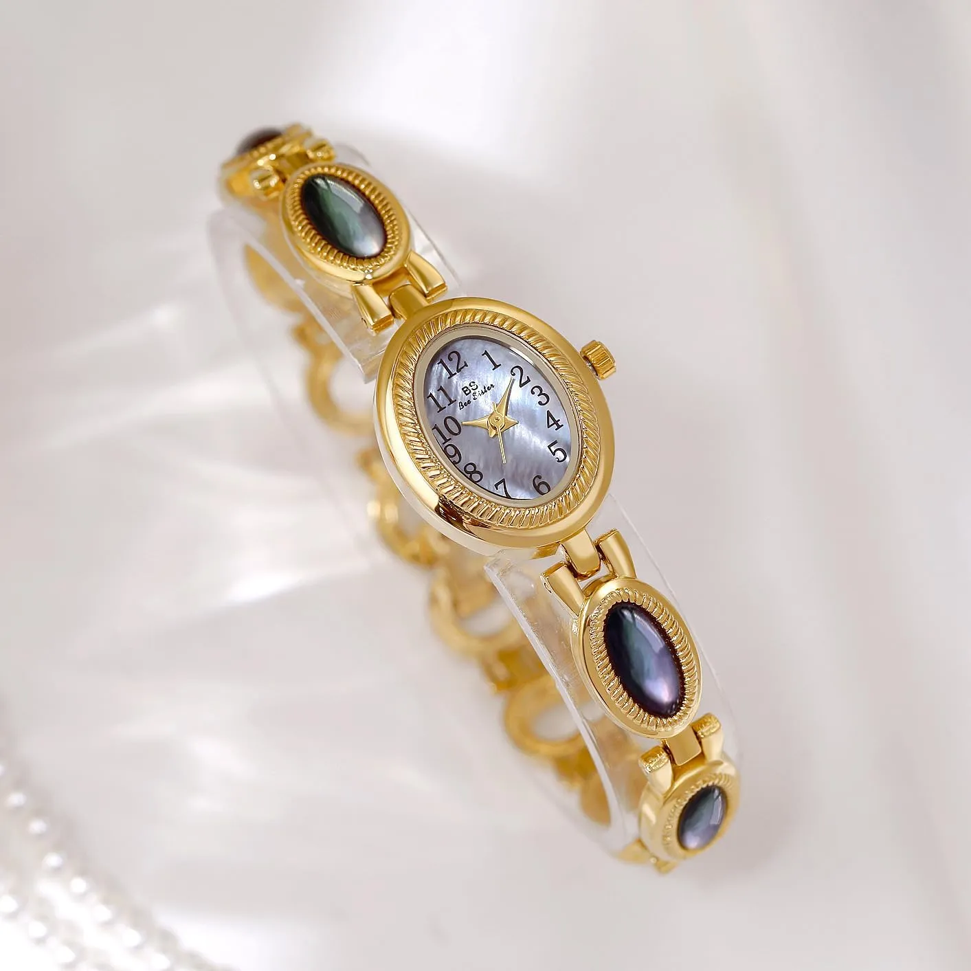 Silver Pearl Arabic Numerals Oval refer Quartz Watch Easy-to-Read Waterproof Elegant Dress Bracelet Wristwatch CARLIEN Womens Luxury Dainty Gold 