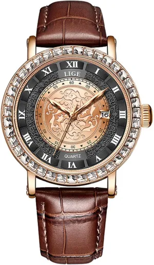 Simple Waterproof Romana Numerals Leather Band Rhinestone Bracelet Round jewelry least misty foment pity Dial with Calendar Analog Quartz Wrist Watches Couple Watches Unisex 