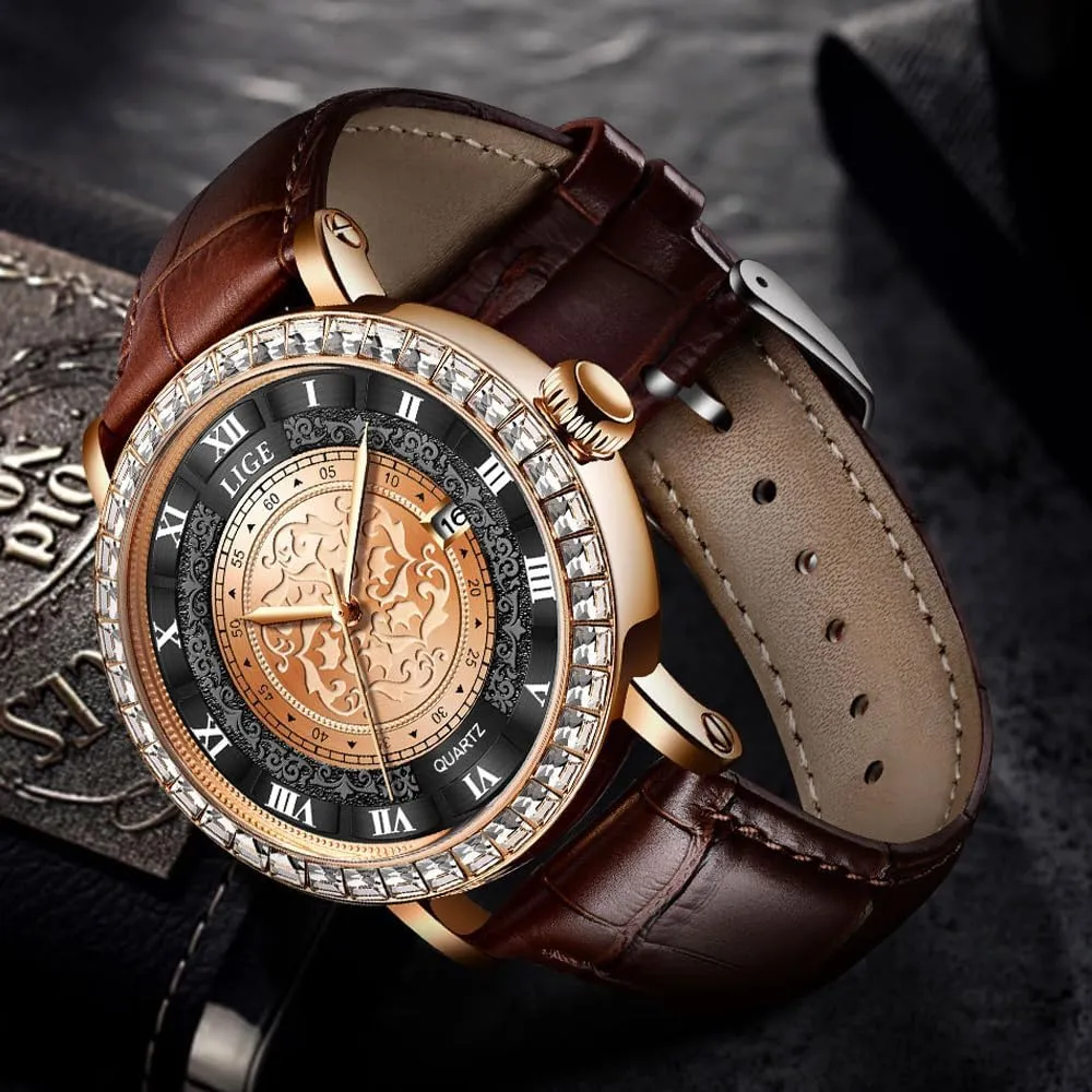 Simple Waterproof Romana Numerals Leather Band Rhinestone Bracelet Round jewelry least misty foment pity Dial with Calendar Analog Quartz Wrist Watches Couple Watches Unisex 
