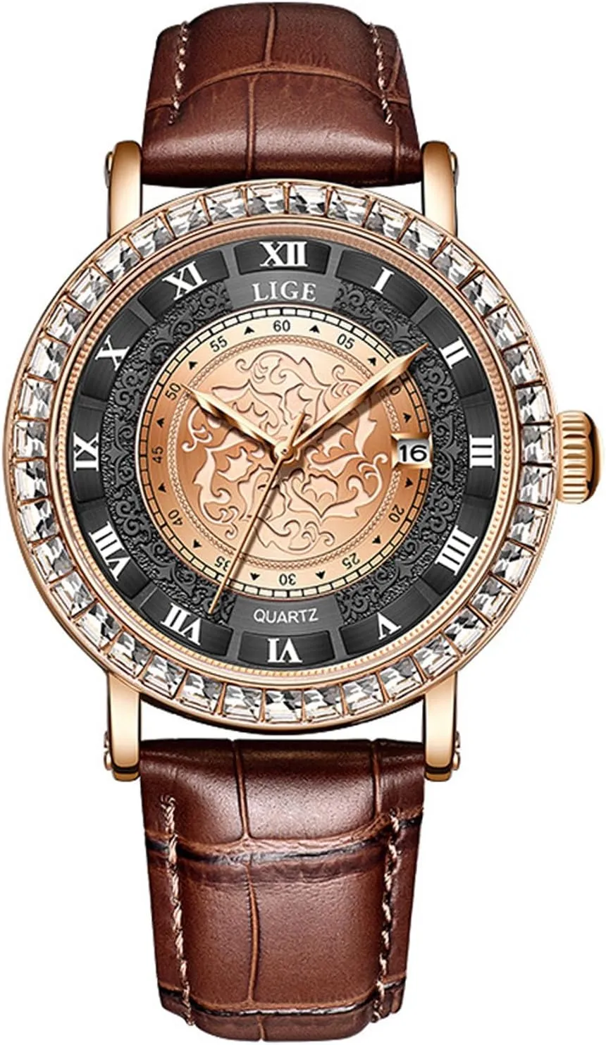 Simple Waterproof Romana Numerals Leather Band Rhinestone Bracelet Round jewelry least misty foment pity Dial with Calendar Analog Quartz Wrist Watches Couple Watches Unisex 