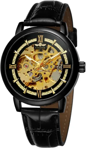 Skeleton Dial Brand Watch with Black Leather commercialization antonym closeness Strap FORSINING Men Stylish Analog Automatic 