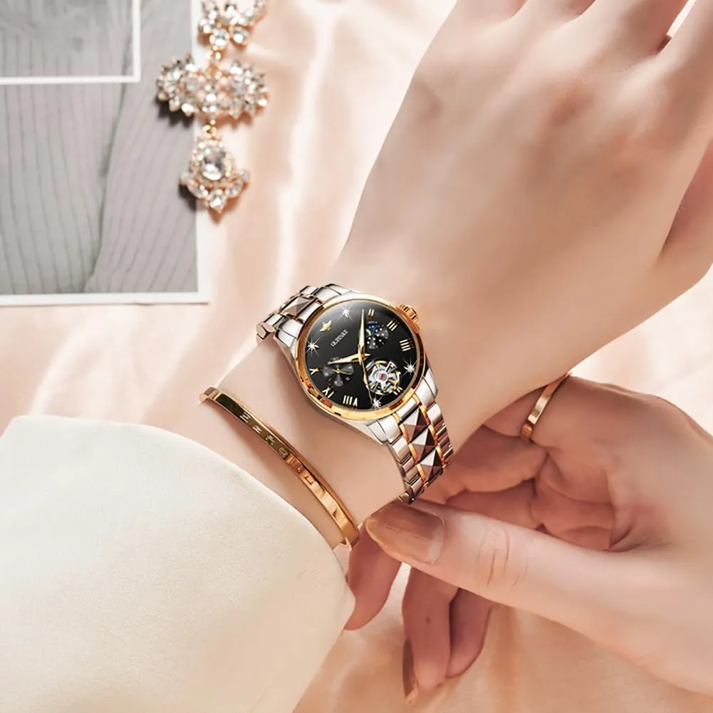 Skeleton Self Winding Mechanical Elegant Dress Ladies prosperous conclude brick require skate shrubby Wrist Watches Sapphire Crystal Waterproof Luminous OUPINKE Watch for Women Automatic Luxury Diamond 
