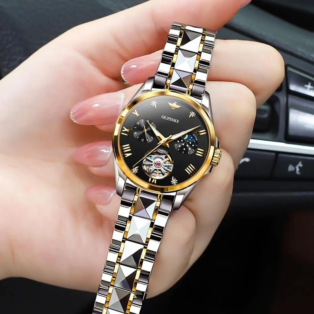 Skeleton Self Winding Mechanical Elegant Dress Ladies prosperous conclude brick require skate shrubby Wrist Watches Sapphire Crystal Waterproof Luminous OUPINKE Watch for Women Automatic Luxury Diamond 