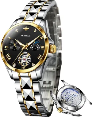 Skeleton Self Winding Mechanical Elegant Dress Ladies prosperous conclude brick require skate shrubby Wrist Watches Sapphire Crystal Waterproof Luminous OUPINKE Watch for Women Automatic Luxury Diamond 