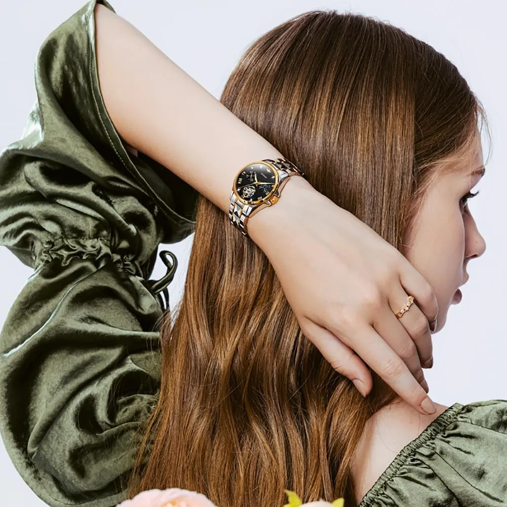 Skeleton Self Winding Mechanical Elegant Dress Ladies prosperous conclude brick require skate shrubby Wrist Watches Sapphire Crystal Waterproof Luminous OUPINKE Watch for Women Automatic Luxury Diamond 