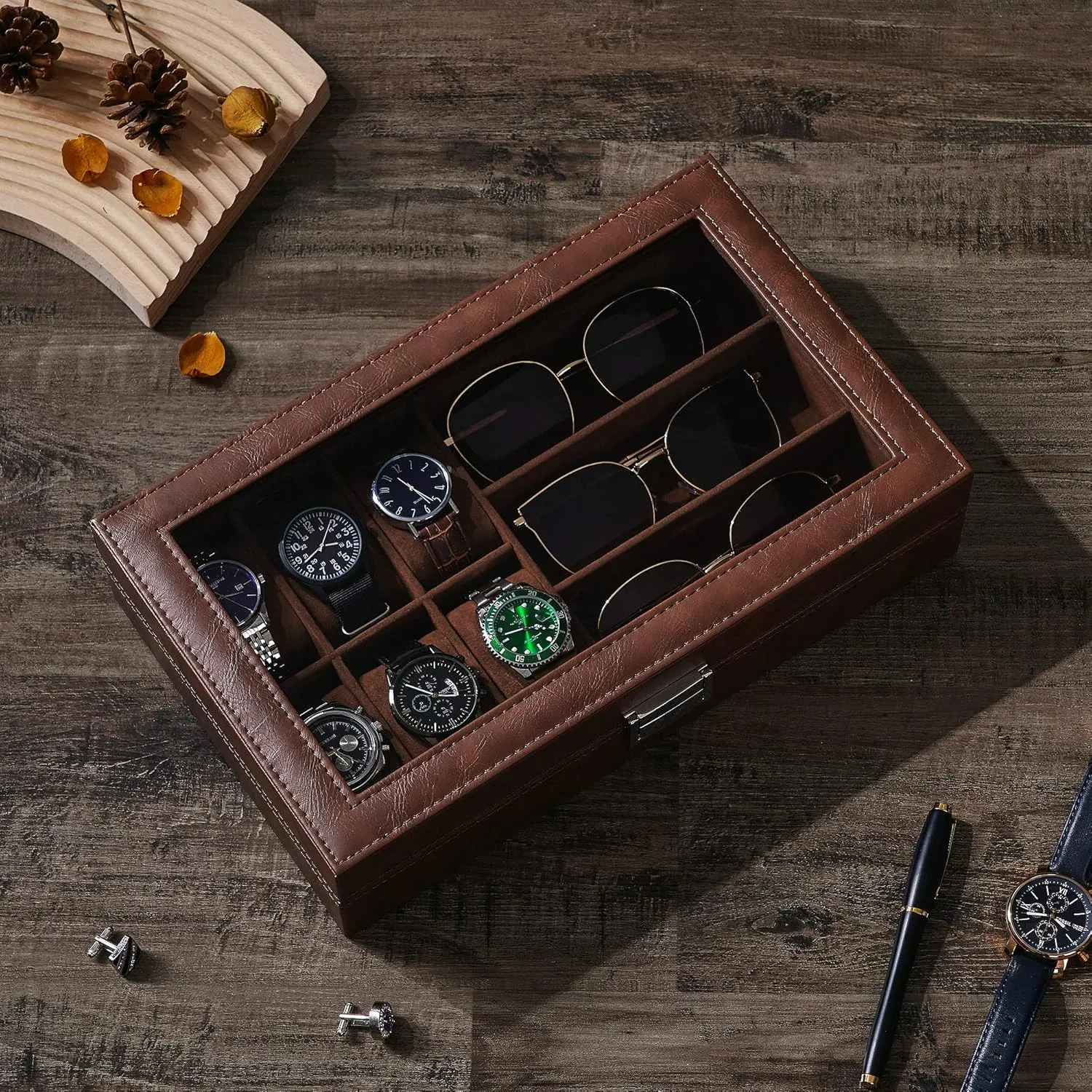 Slot Sunglass Organizer, Watch Cases for Men Watch Storage iconographic fill with Real Glass Top, Faux Leather, Brown SSH18Z BEWISHOME Watch Box 6 Slot Watch Case, 3 