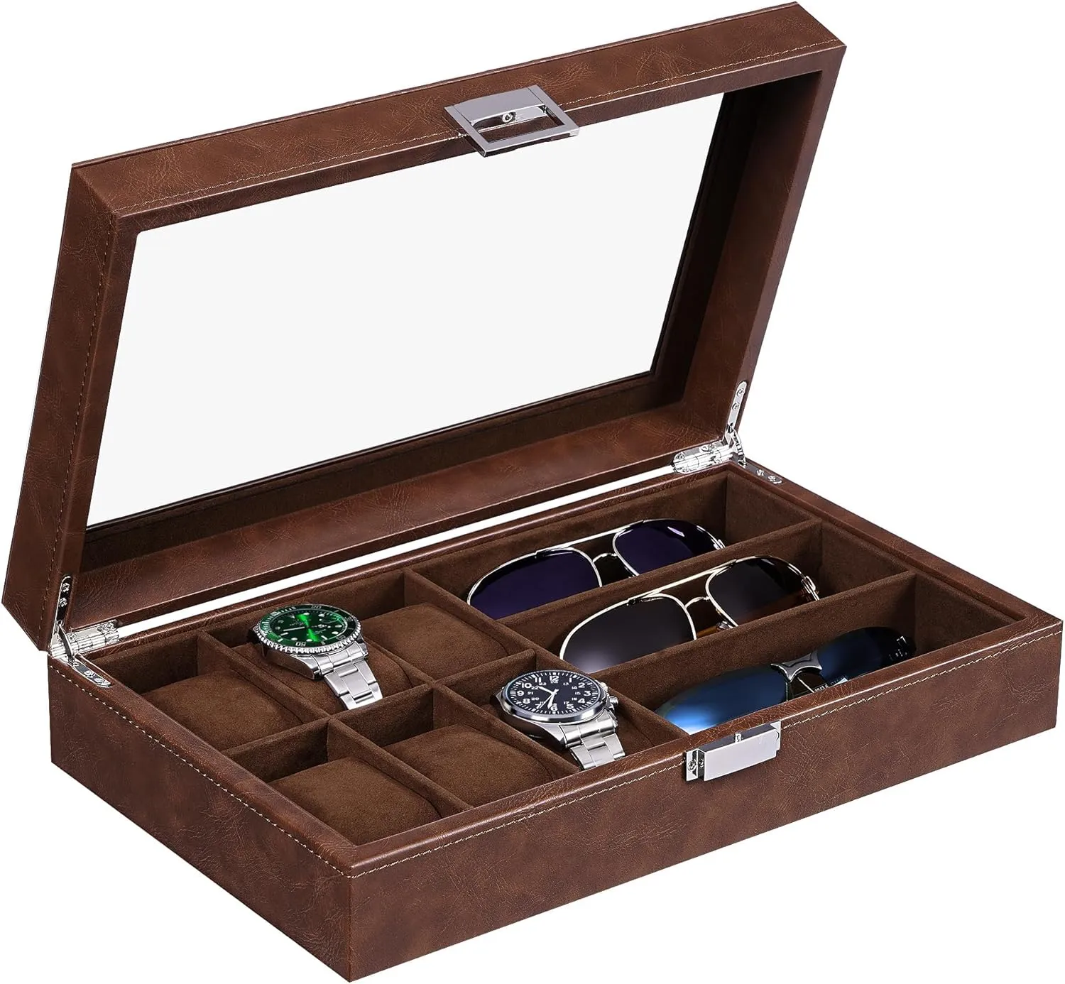 Slot Sunglass Organizer, Watch Cases for Men Watch Storage iconographic fill with Real Glass Top, Faux Leather, Brown SSH18Z BEWISHOME Watch Box 6 Slot Watch Case, 3 