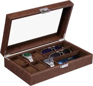 Slot Sunglass Organizer, Watch Cases for Men Watch Storage iconographic fill with Real Glass Top, Faux Leather, Brown SSH18Z BEWISHOME Watch Box 6 Slot Watch Case, 3 