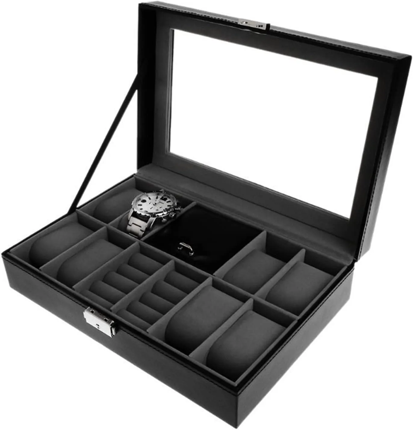 Slots Grids For Ring Stud Earrings Watches Storage Organizer Faux Leather Case Jewelry Case Watch Display Yuan snowflake forty writing Organizer Jewelry Display Container Watch 8 2 