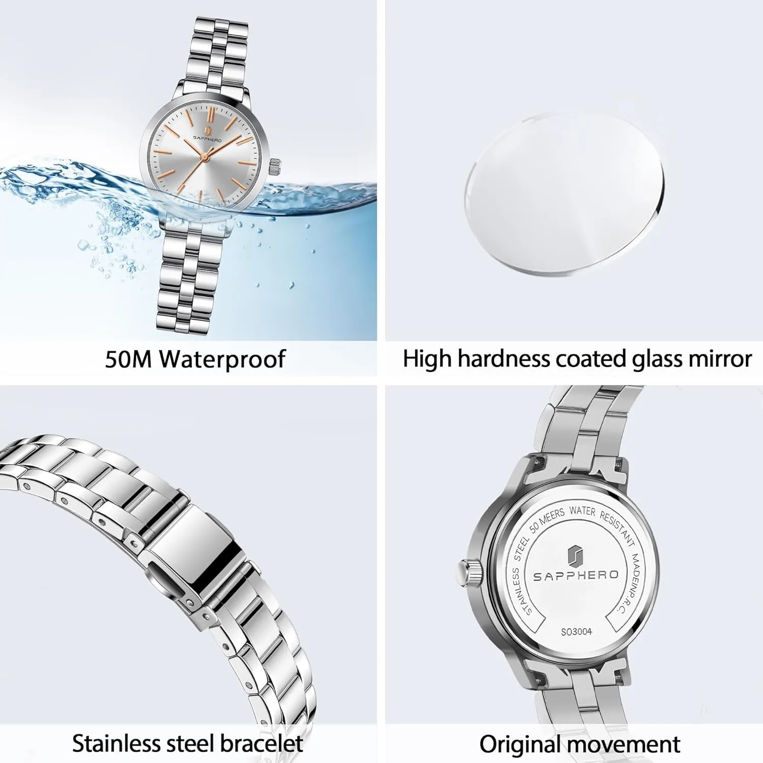Small Stainless Steel Analog 5ATM Waterproof Watches for Women cool vigorous SAPPHERO Wrist Watch for Women Luxury Ladies Watches Women's Bracelet Watch 