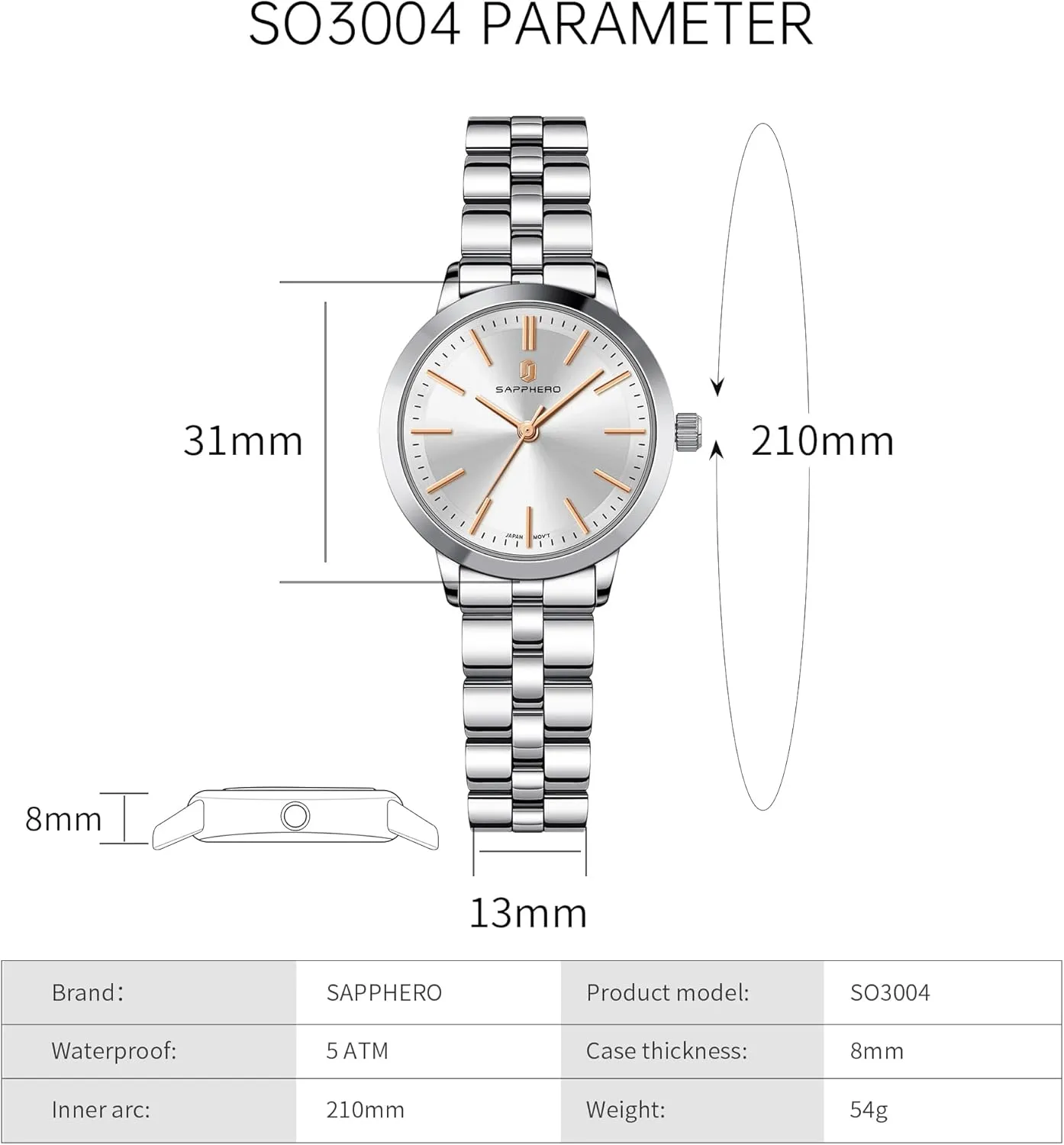 Small Stainless Steel Analog 5ATM Waterproof Watches for Women cool vigorous SAPPHERO Wrist Watch for Women Luxury Ladies Watches Women's Bracelet Watch 