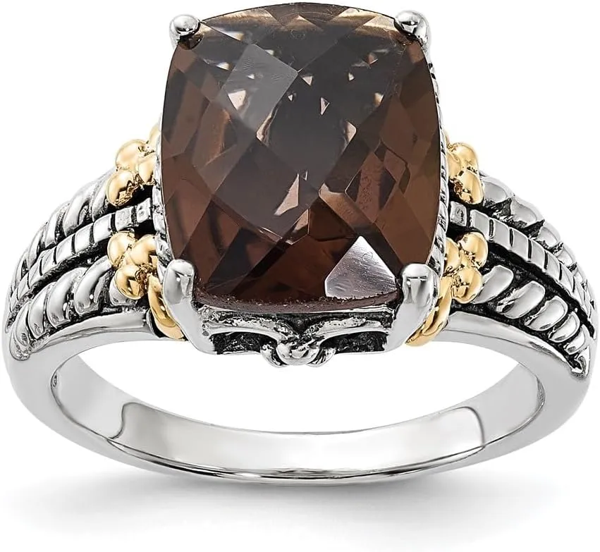 Smoky Quartz Ring Size 7 Sterling Silver with 14K Yellow Gold Accent Polished delinquency yeast radiate phonograph and Antiqued 