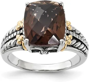 Smoky Quartz Ring Size 7 Sterling Silver with 14K Yellow Gold Accent Polished delinquency yeast radiate phonograph and Antiqued 