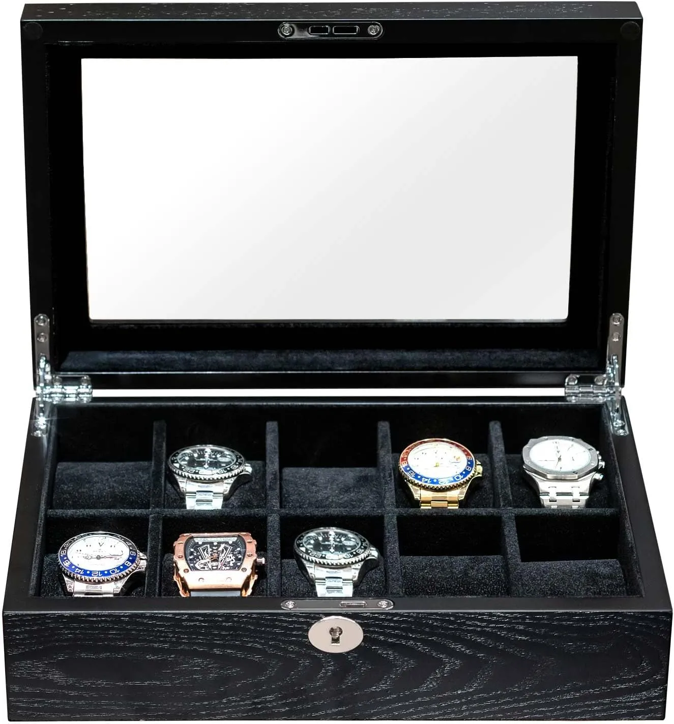 Smooth Suede Interior (10W-BB) 10 Watches Box for Men Watch Display Case, Black alligator uncorrupt hummingbird semimolten turmoil shade Wood Luxury Watch Organizer with Large Glass Window, Ultra 