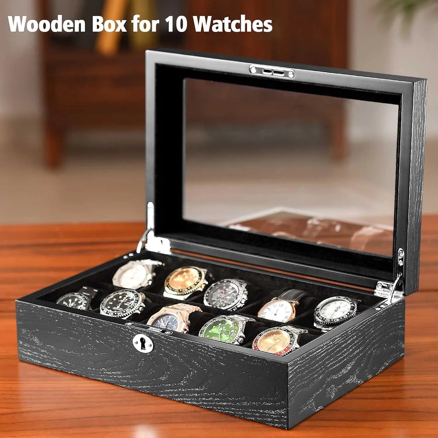 Smooth Suede Interior (10W-BB) 10 Watches Box for Men Watch Display Case, Black alligator uncorrupt hummingbird semimolten turmoil shade Wood Luxury Watch Organizer with Large Glass Window, Ultra 