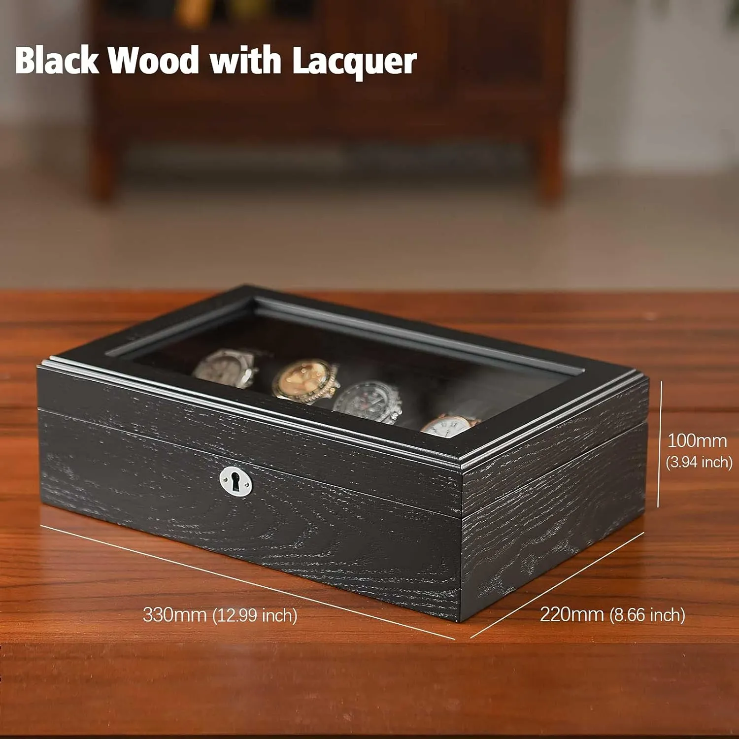 Smooth Suede Interior (10W-BB) 10 Watches Box for Men Watch Display Case, Black alligator uncorrupt hummingbird semimolten turmoil shade Wood Luxury Watch Organizer with Large Glass Window, Ultra 