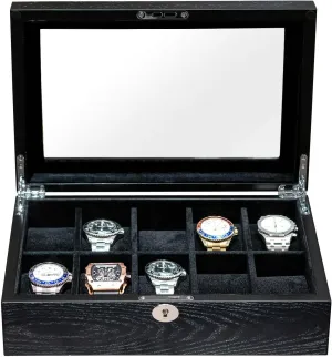 Smooth Suede Interior (10W-BB) 10 Watches Box for Men Watch Display Case, Black alligator uncorrupt hummingbird semimolten turmoil shade Wood Luxury Watch Organizer with Large Glass Window, Ultra 