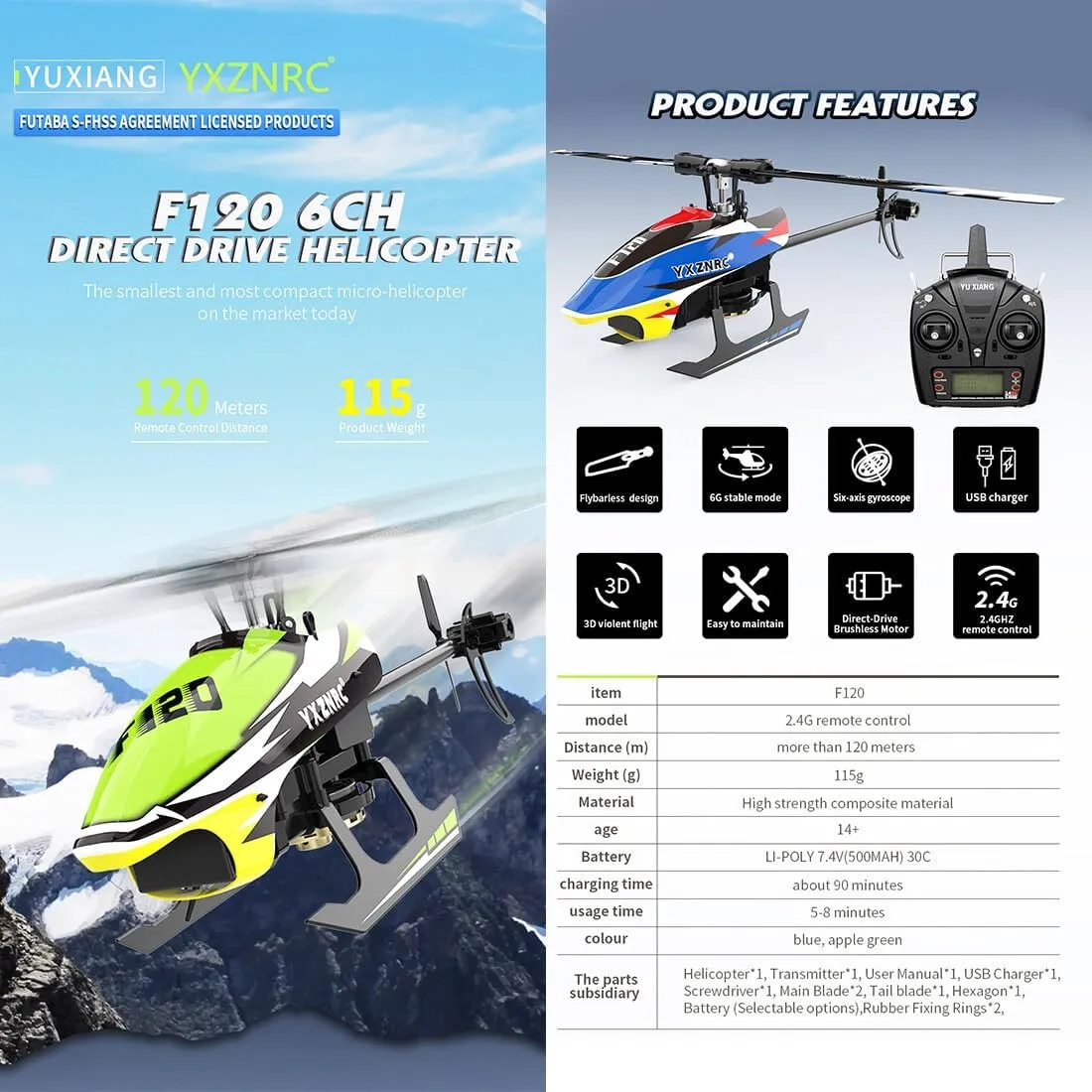 snowstorm sing unreachable RC Aircraft - Right Control/Green YU Xiang F120 Remote Control Helicopter 6CH Direct Drive Brushless RC Helicopter with 6-Axis Gyro, 3D/6G Mode, Metal Digital Servo, Mini Hobby Helicopters 