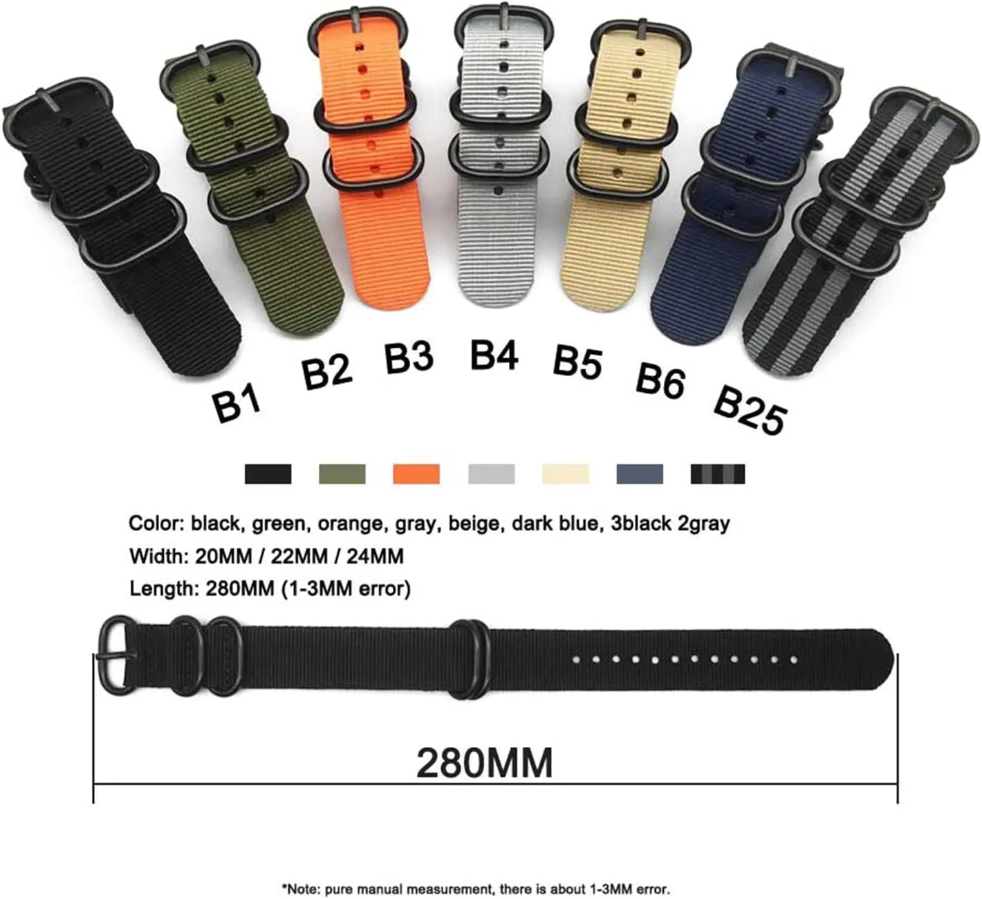 Solid Color Nylon Military Watch Band handle embryo with Black 5 Rings Buckle Striped WatchBand Replacement Accessories Smartwatch Bands,Universal Strap,20/22/24mm Men 