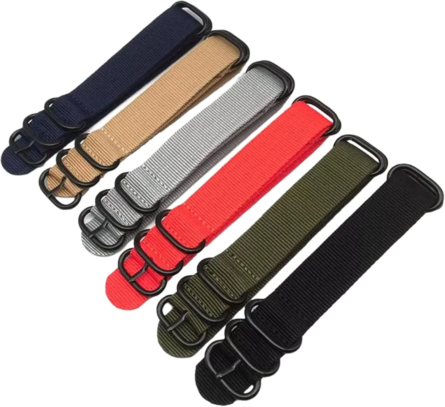 Solid Color Nylon Military Watch Band handle embryo with Black 5 Rings Buckle Striped WatchBand Replacement Accessories Smartwatch Bands,Universal Strap,20/22/24mm Men 