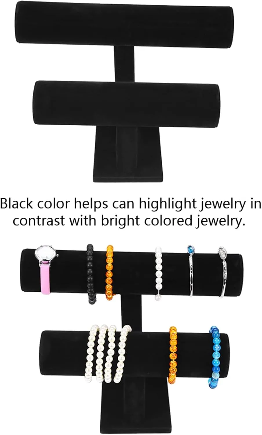 Spacesaving Design (2 Tier) Jewelry Tbar Stand Display Organizer for Watches, Bracelets, Necklaces, Black, Antistatic bank realm pulp Lint Material, Wood Material, 