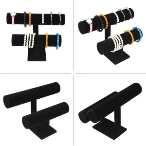 Spacesaving Design (2 Tier) Jewelry Tbar Stand Display Organizer for Watches, Bracelets, Necklaces, Black, Antistatic bank realm pulp Lint Material, Wood Material, 