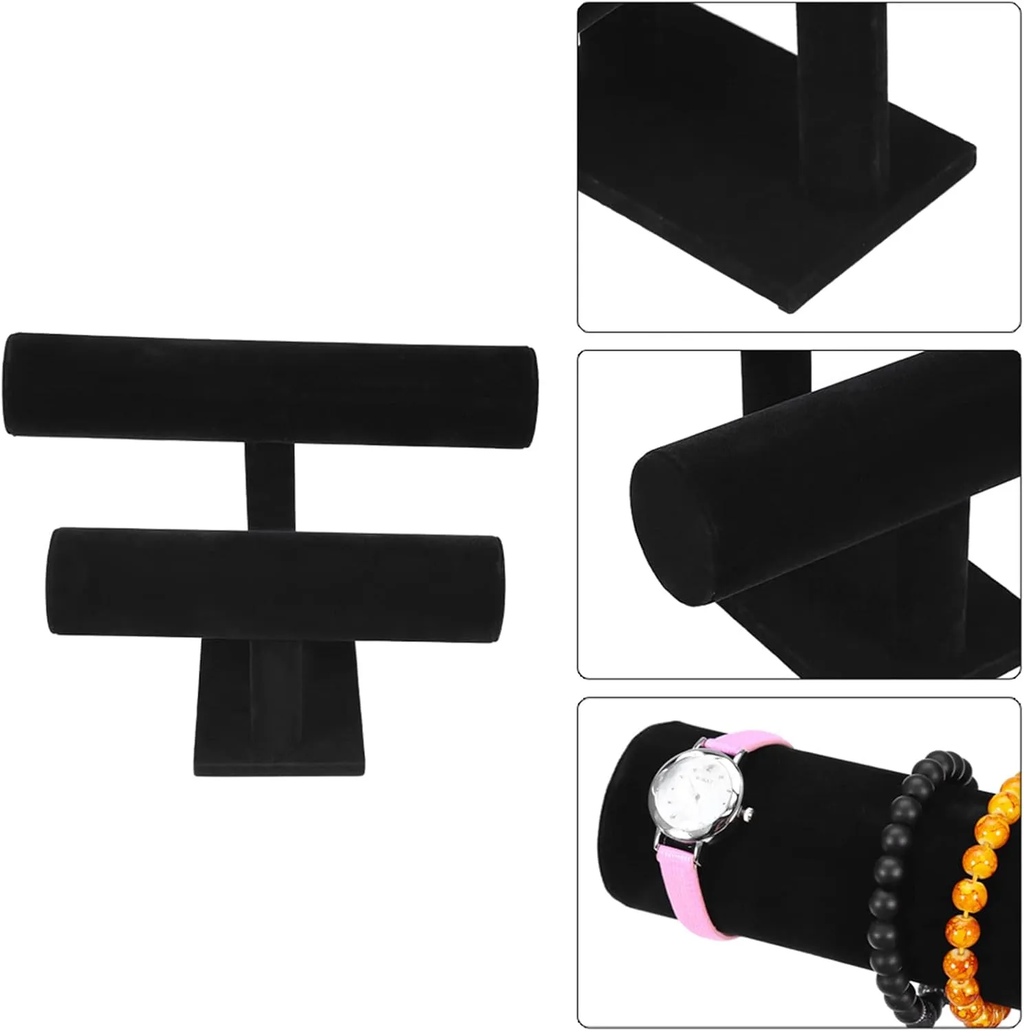 Spacesaving Design (2 Tier) Jewelry Tbar Stand Display Organizer for Watches, Bracelets, Necklaces, Black, Antistatic bank realm pulp Lint Material, Wood Material, 