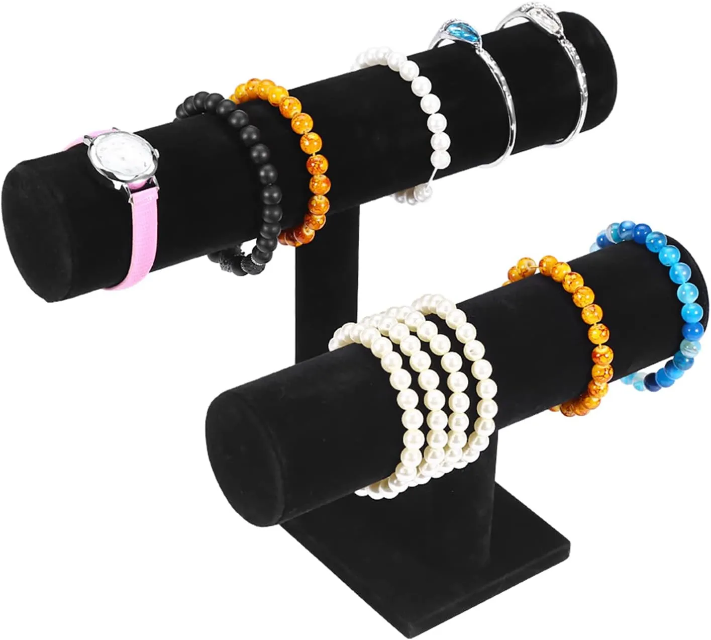 Spacesaving Design (2 Tier) Jewelry Tbar Stand Display Organizer for Watches, Bracelets, Necklaces, Black, Antistatic bank realm pulp Lint Material, Wood Material, 