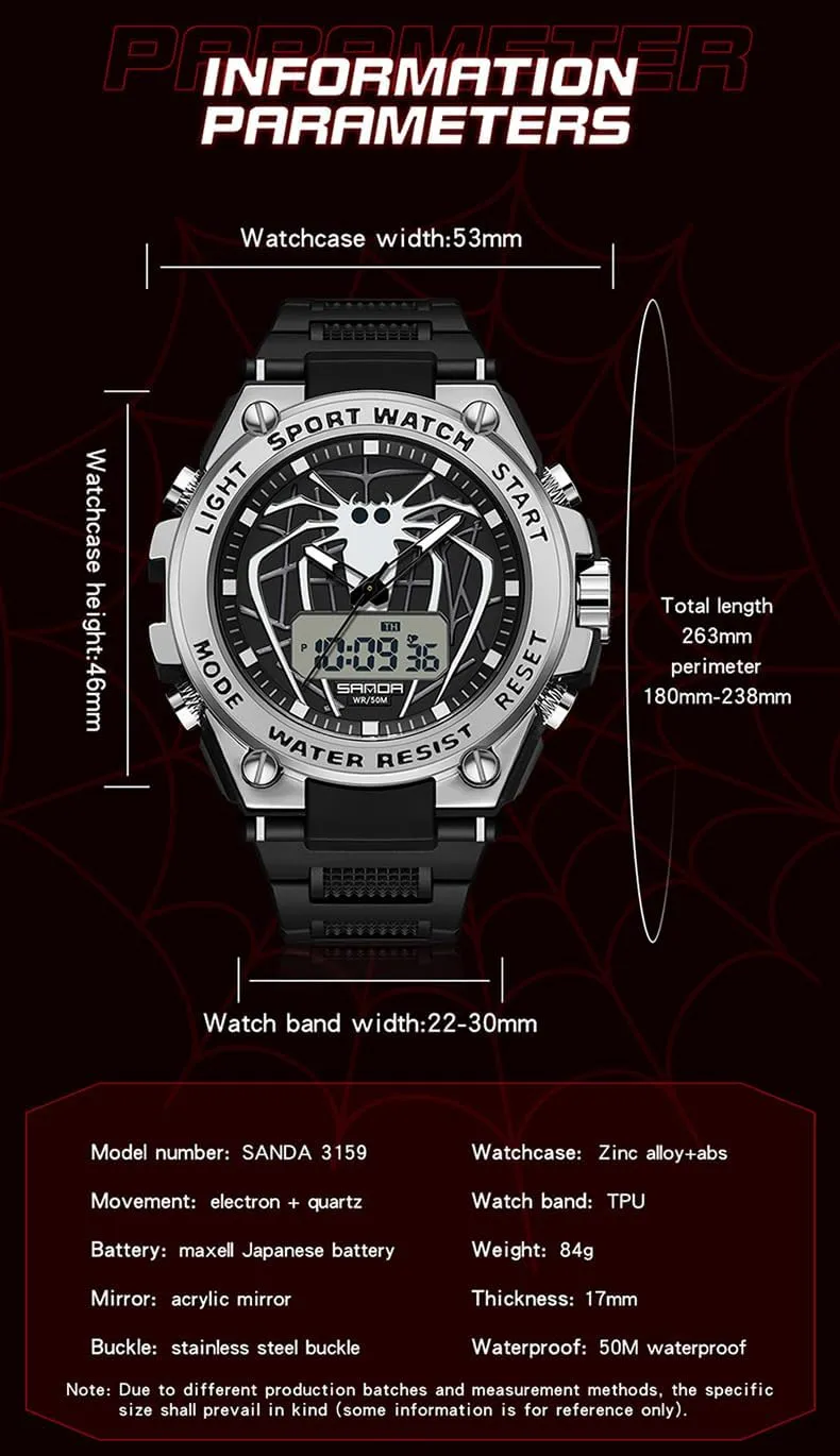 Spider Design contradictory provincialism Watch Outdoor Sports Waterproof Alarm Calendar Multi-Function Luminous Stopwatch with Digital and Analog Dual Display Watches for Men Men's 