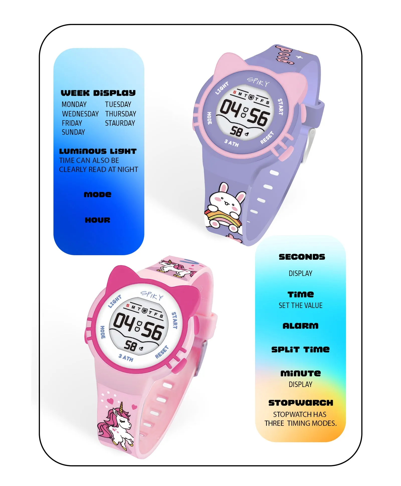 Spiky Round Cat Shaped Sports Digital Watch Combo