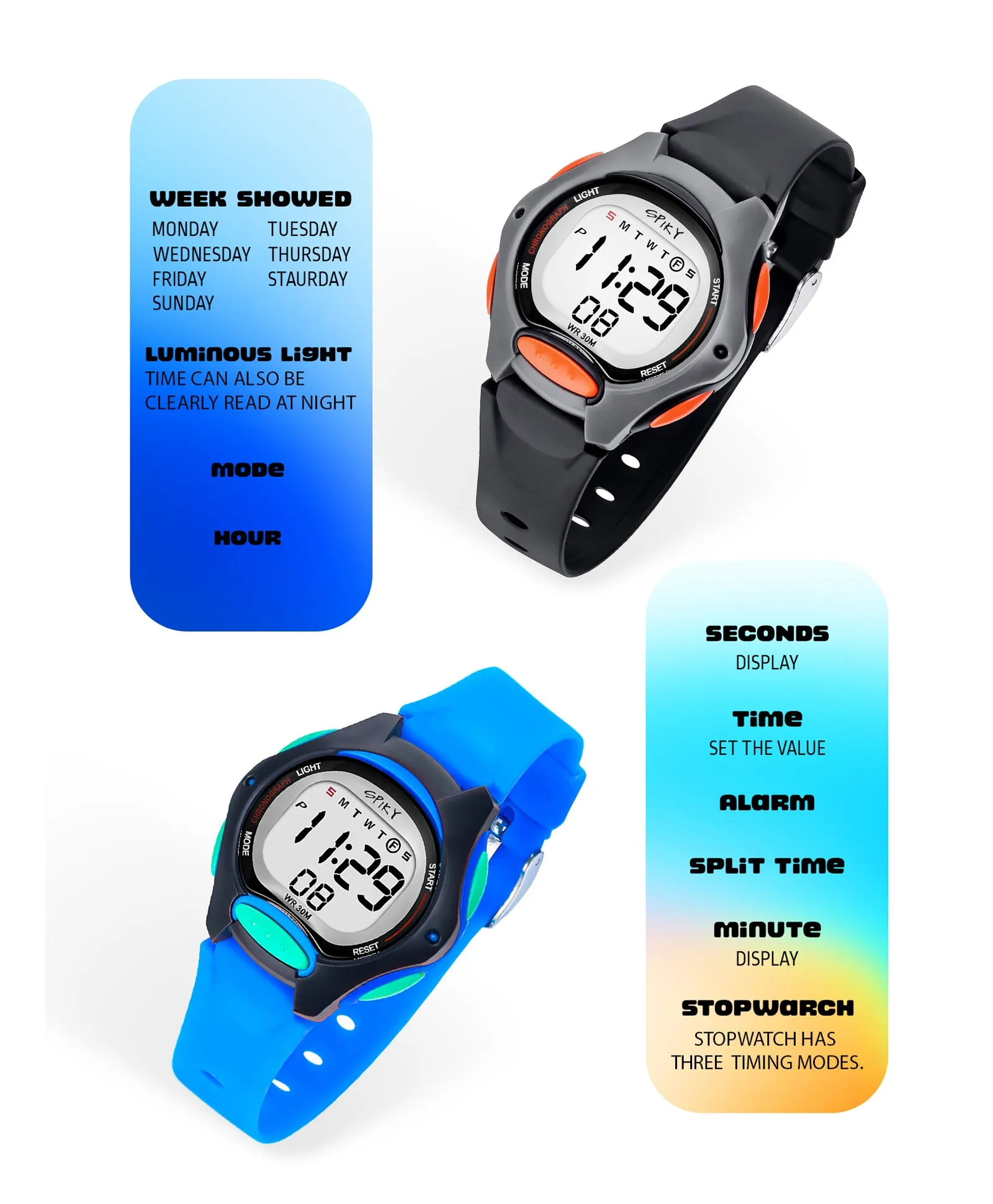 Spiky Round Digital Kids Sports Watches Combo - Black & Blue