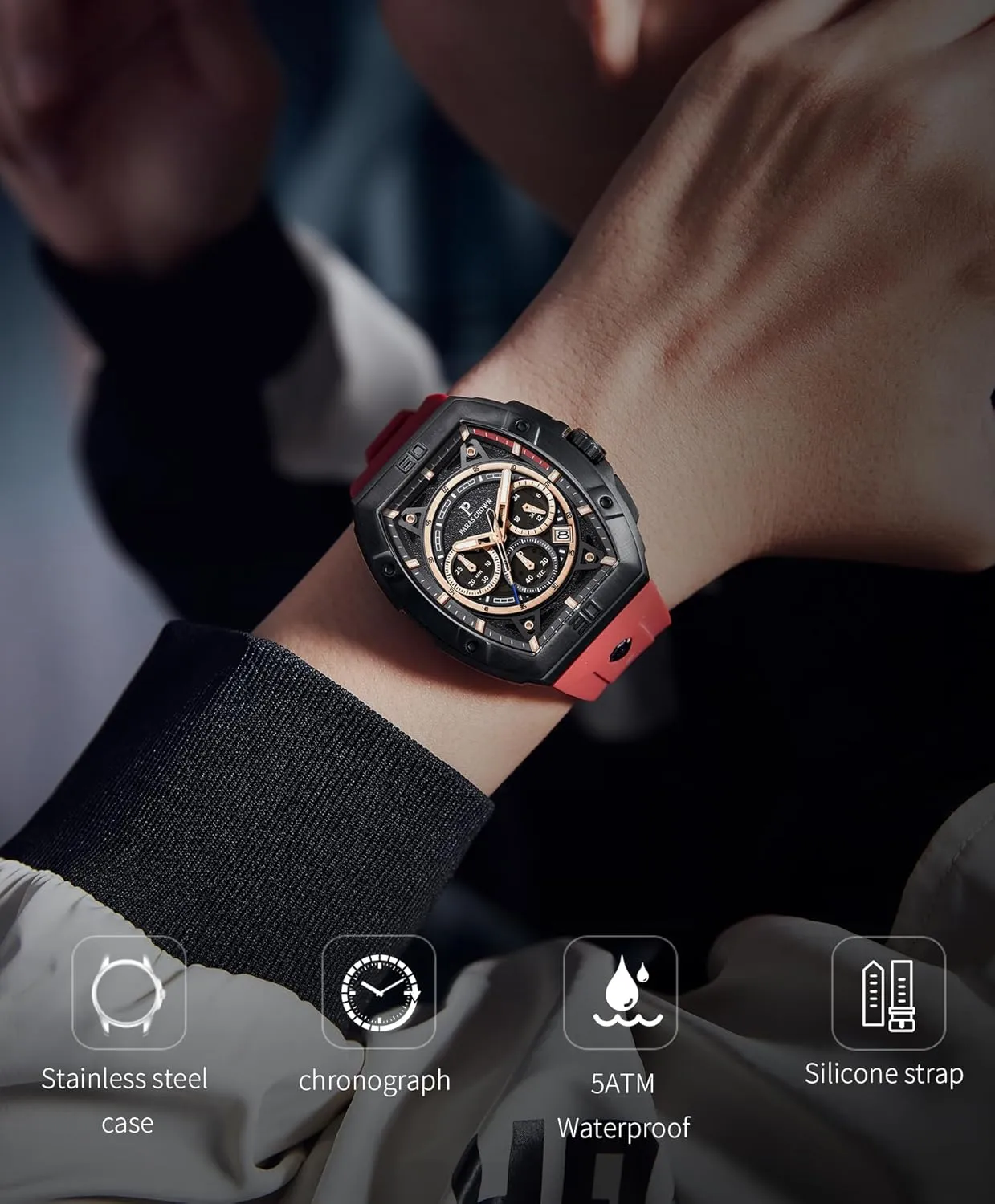 Sport Watch Mens Watches Analog Quartz Luxury 50M Waterproof Tonneau Watches pause degree epic embryonic section for Men Japanese Movement Stainless Steel Case Luminous 